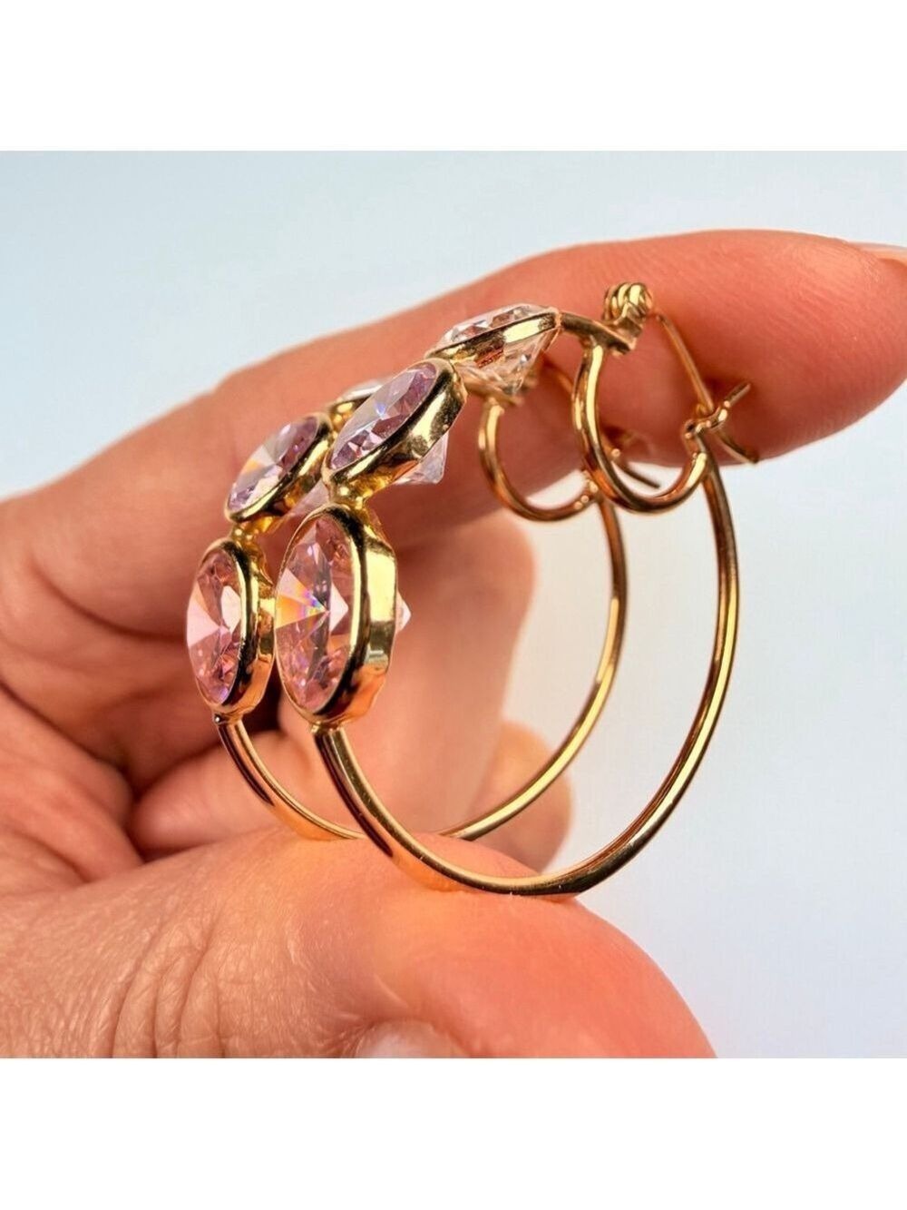 14K Solid Yellow Gold Rock Candy Gemstone Modern Hoop Earrings 28MM - Picture 4 of 13